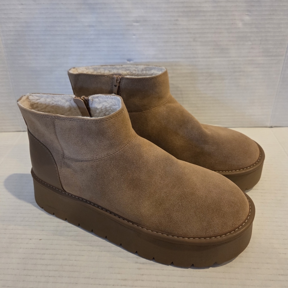 New Women's Faux Suede Booties Ankle Boots Sherpa Size 10 Tan Brown